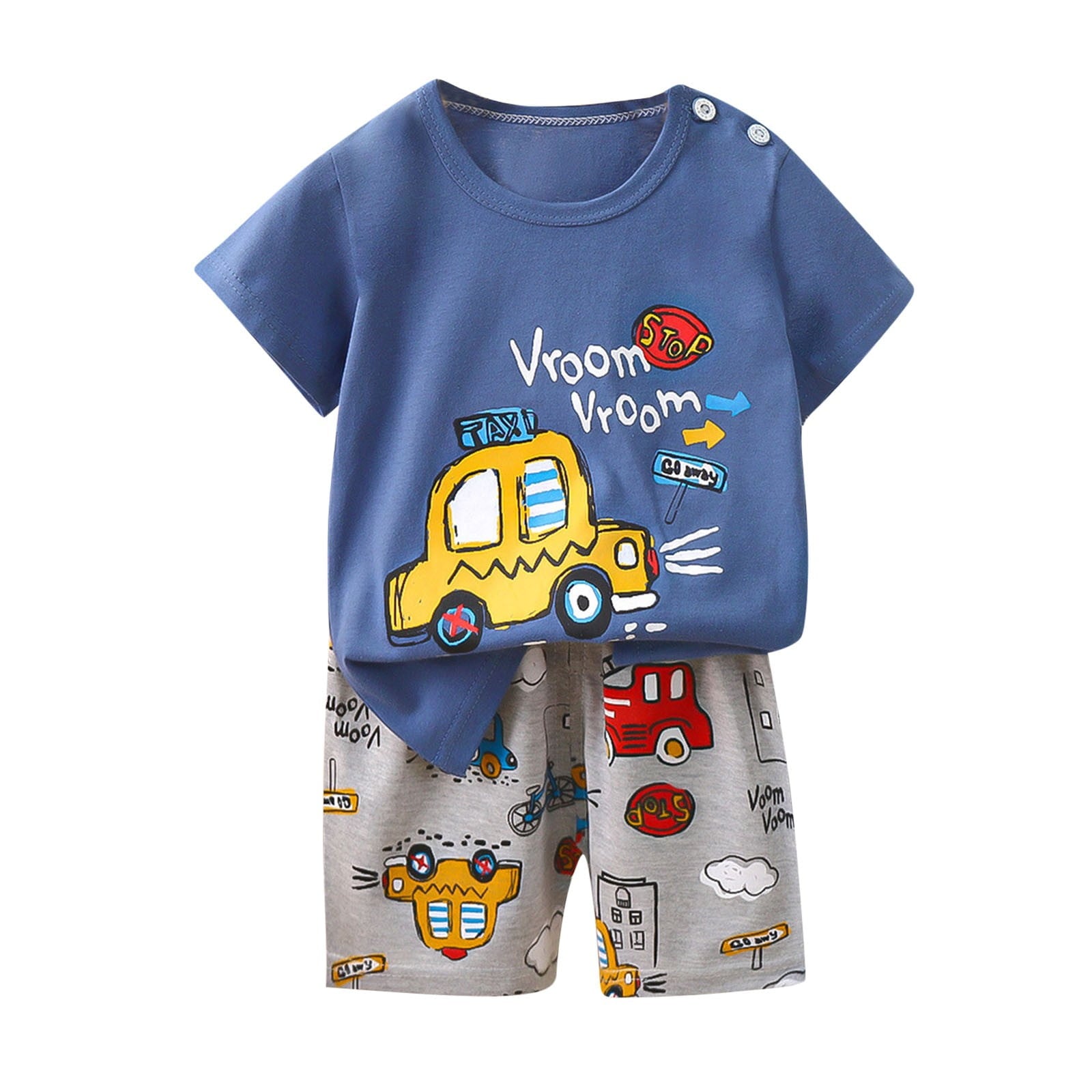 Cethrio Kids Boys Outfit Set, Cartoon Print Short Sleeve Cotton Shirts and Shorts Sets Navy Size 3 T