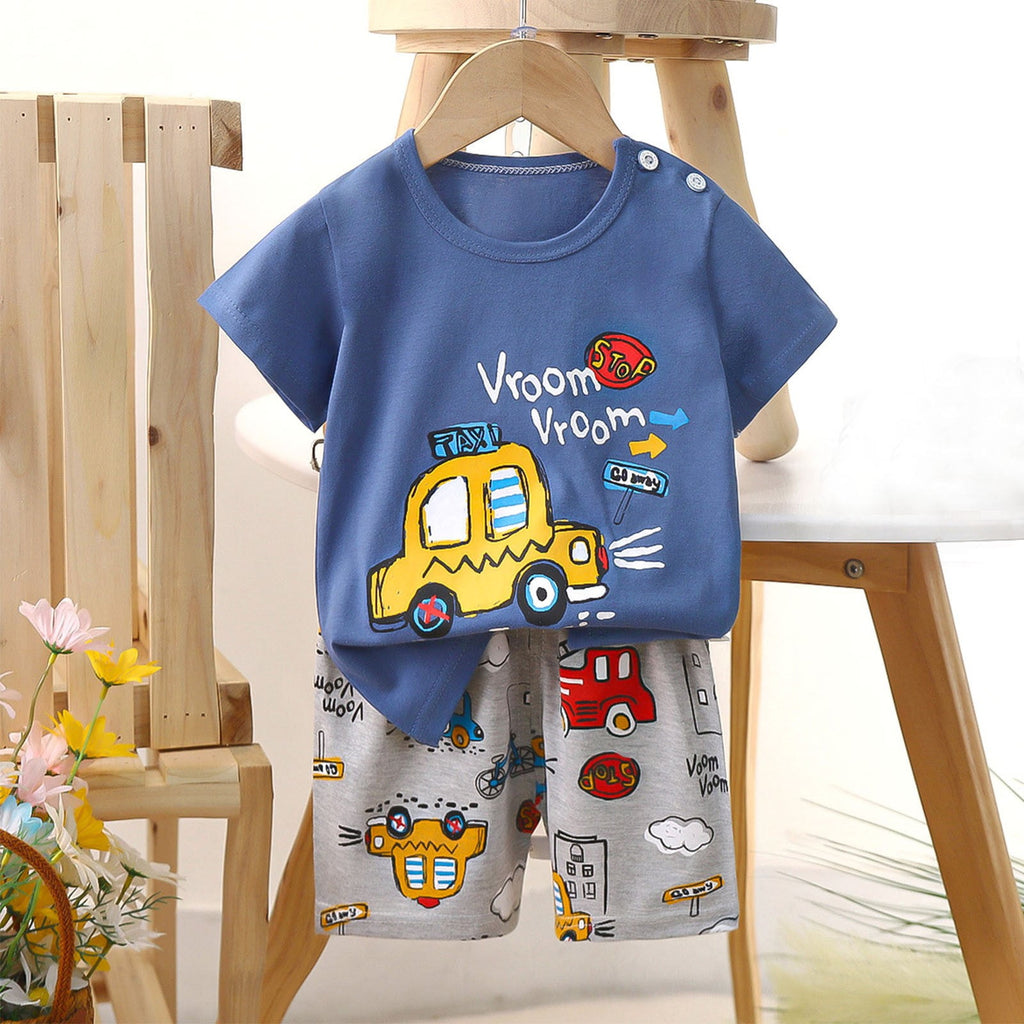 Cethrio Kids Boys Outfit Set, Cartoon Print Short Sleeve Cotton Shirts and Shorts Sets Navy Size 3 T