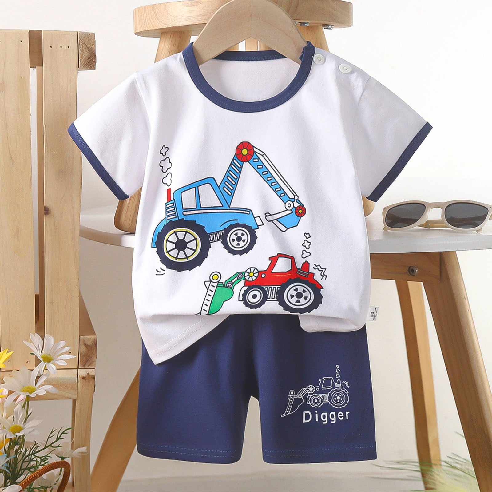 Cethrio Kids Boys Outfit Set, Cartoon Print Short Sleeve Cotton Shirts and Shorts Sets Navy Size 3 T