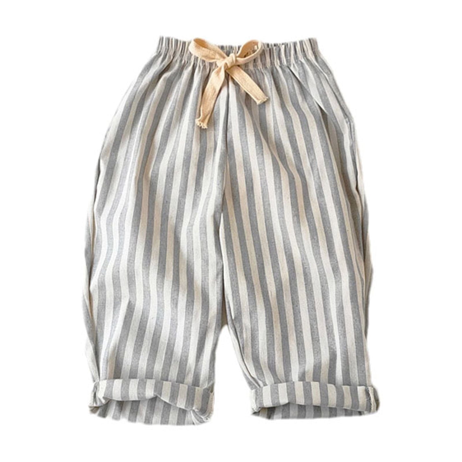 FAIWAD Unisex Boys Girls Striped Cotton Linen Pants Drawstring Baggy Roll Hem Trousers Casual Lightweight Clothes
