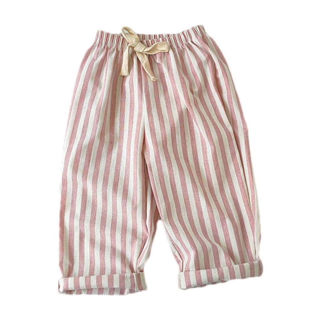FAIWAD Unisex Boys Girls Striped Cotton Linen Pants Drawstring Baggy Roll Hem Trousers Casual Lightweight Clothes