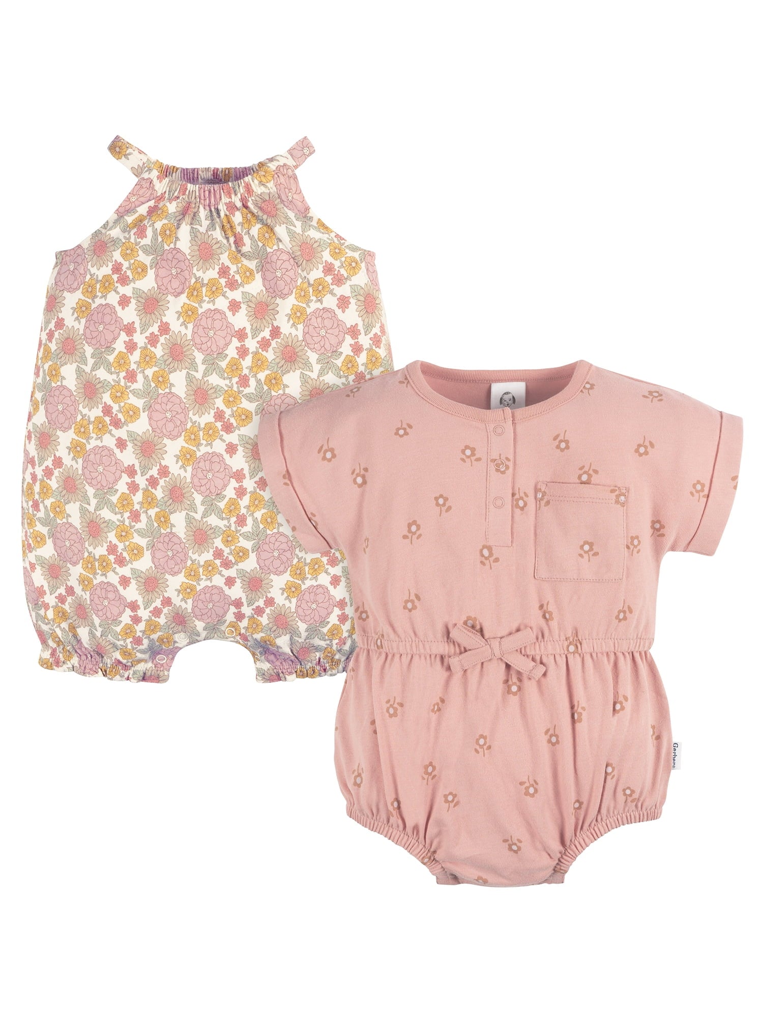 Gerber Baby Girl Rompers, 2-Pack, Sizes 0/3 Months - 24 Months